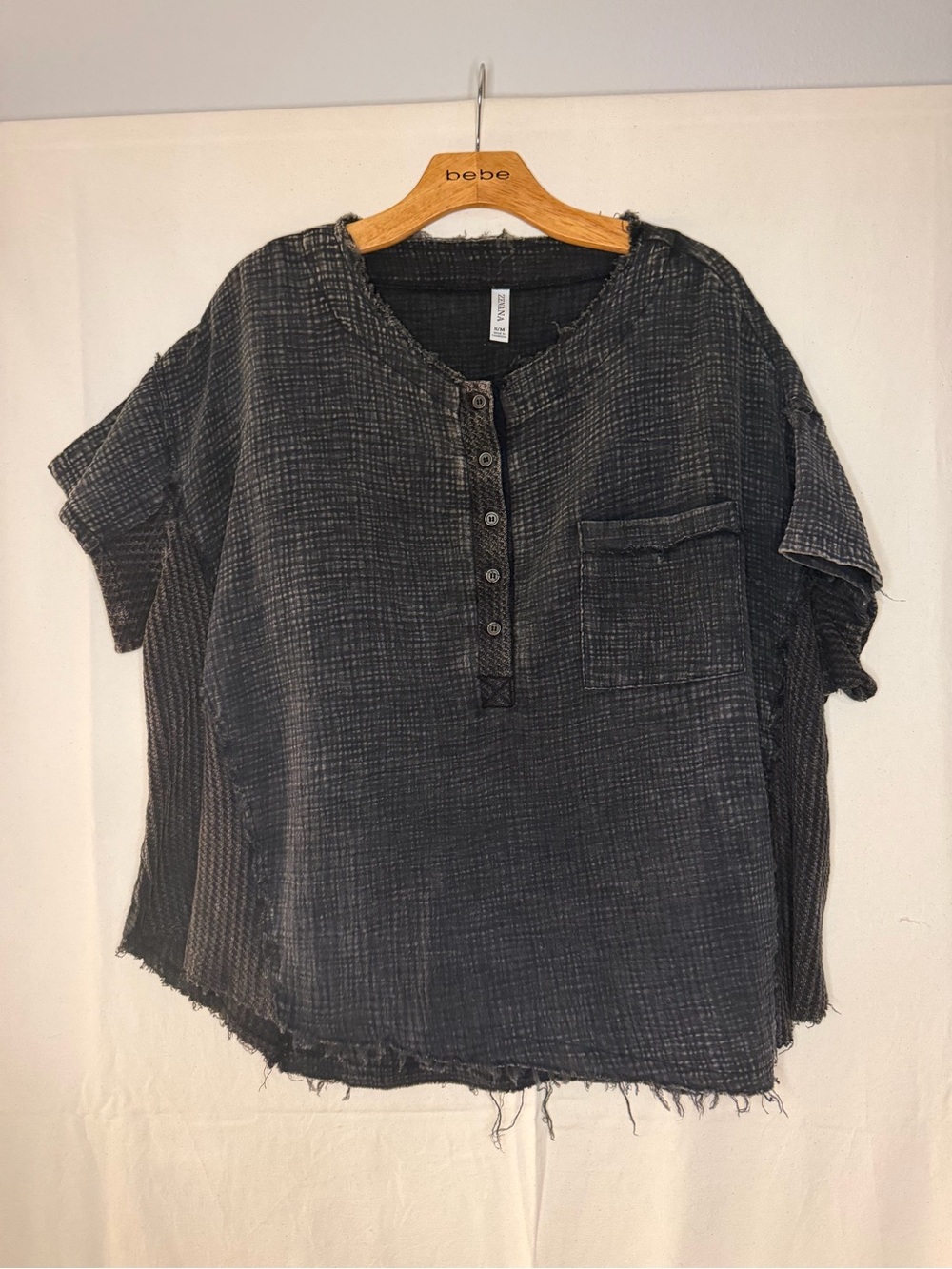 100% Cotton Zenana Outfitters Washed Black Short-Sleeve Button-Front Shirt